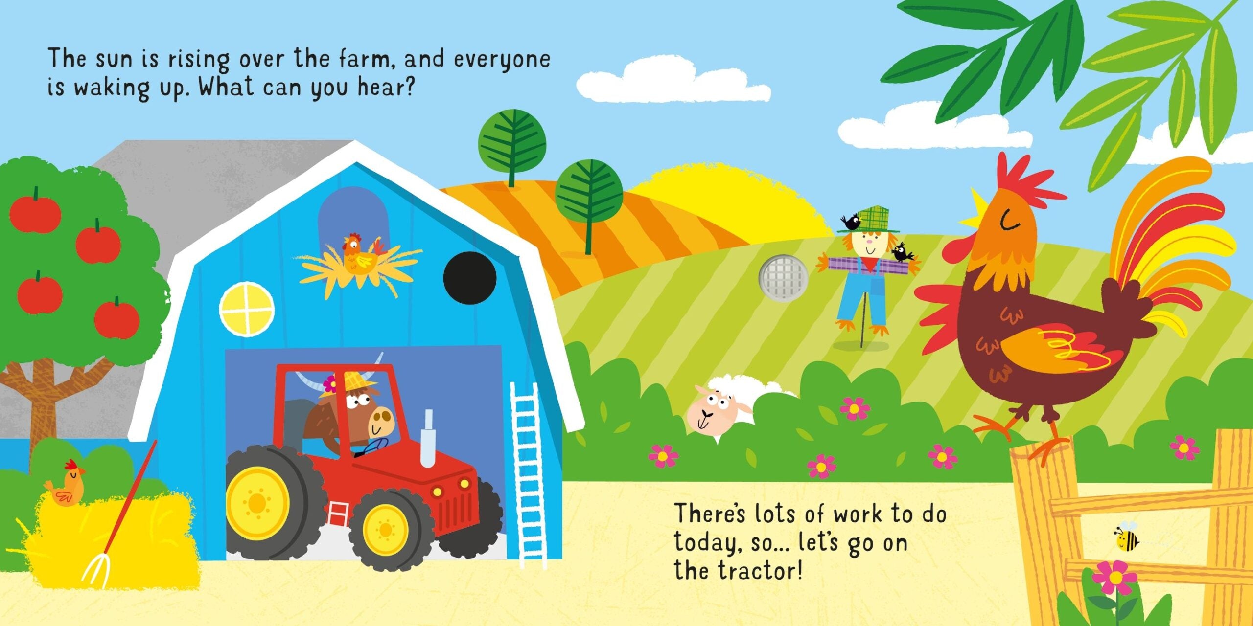 Usborne – Let's go on a Tractor – Carte cu sunete pentru copii 12+ luni – carte pentru copii Usborne, pagini interior ilustrate