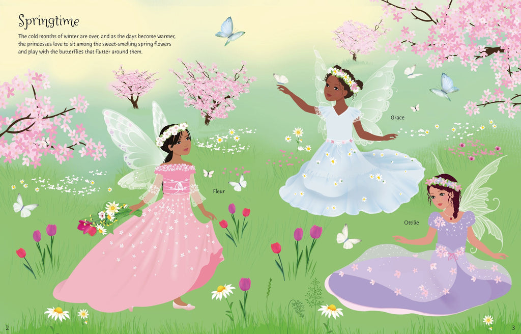 Usborne – Sticker Dolly Dressing Fairy Princesses – Carte cu stickere pentru copii 5+ ani – carte pentru copii Usborne, detalii conținut cu abțibilduri