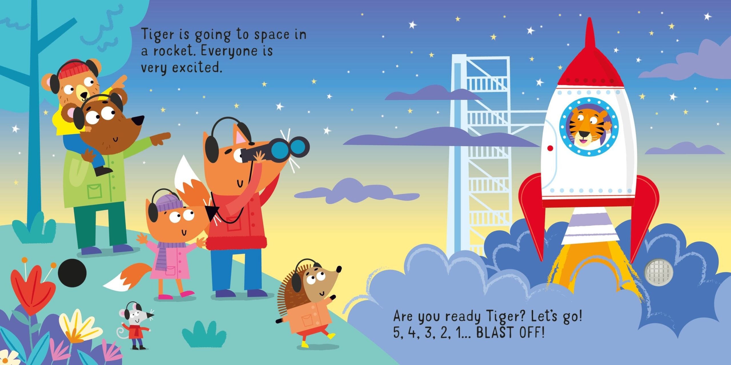 Usborne – Let's go on a Rocket! – Carte cu sunete pentru copii 12+ luni – carte pentru copii Usborne, pagini interior ilustrate
