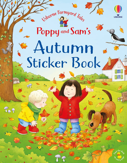 Coperta cărții „Poppy and Sam's Autumn Sticker Book” – carte cu stickere Usborne pentru copii 3+ ani