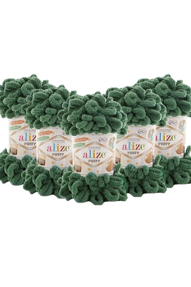 Set 5 bucăți fir cu bucle Alize Puffy 532 – Verde pin