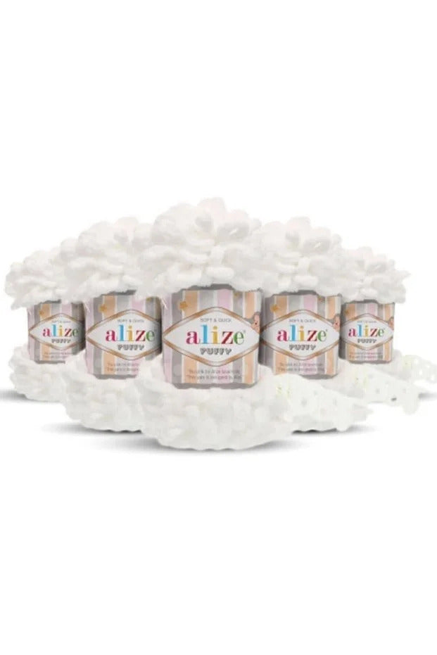Set 5 bucăți fir cu bucle Alize Puffy 55 – Alb