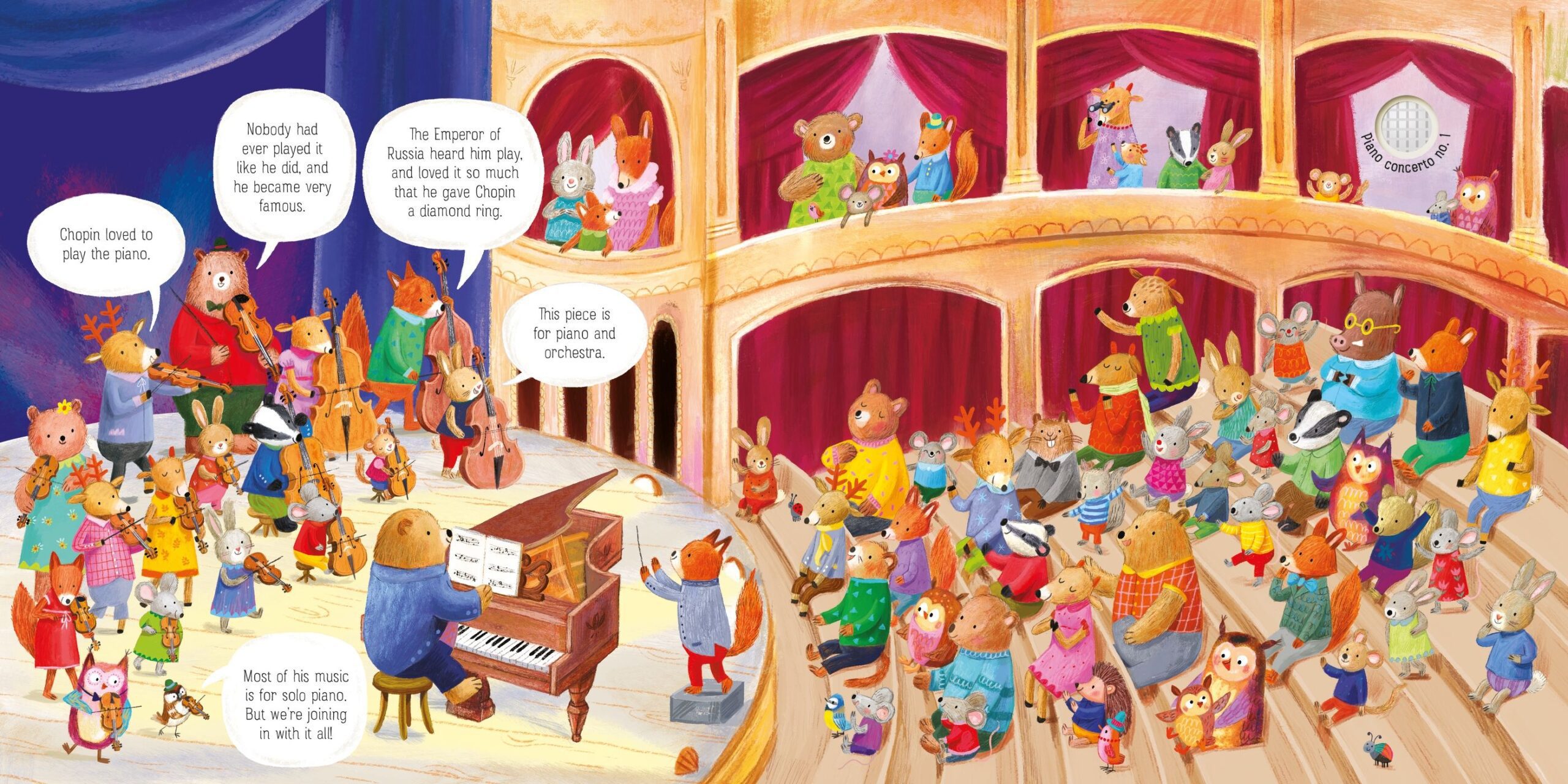 Usborne – The Animal Orchestra Plays Chopin – Carte pentru copii 12+ luni – carte pentru copii Usborne, detalii conținut cu sunete