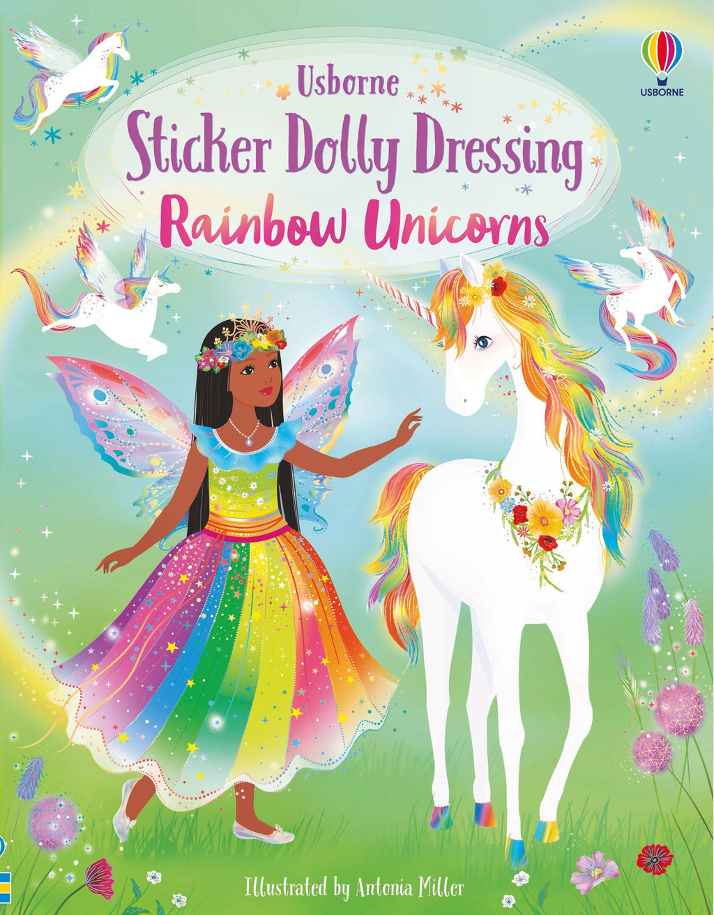 Usborne – Sticker Dolly Dressing Rainbow Unicorns – Carte cu stickere pentru copii 5+ ani – carte pentru copii Usborne, copertă
