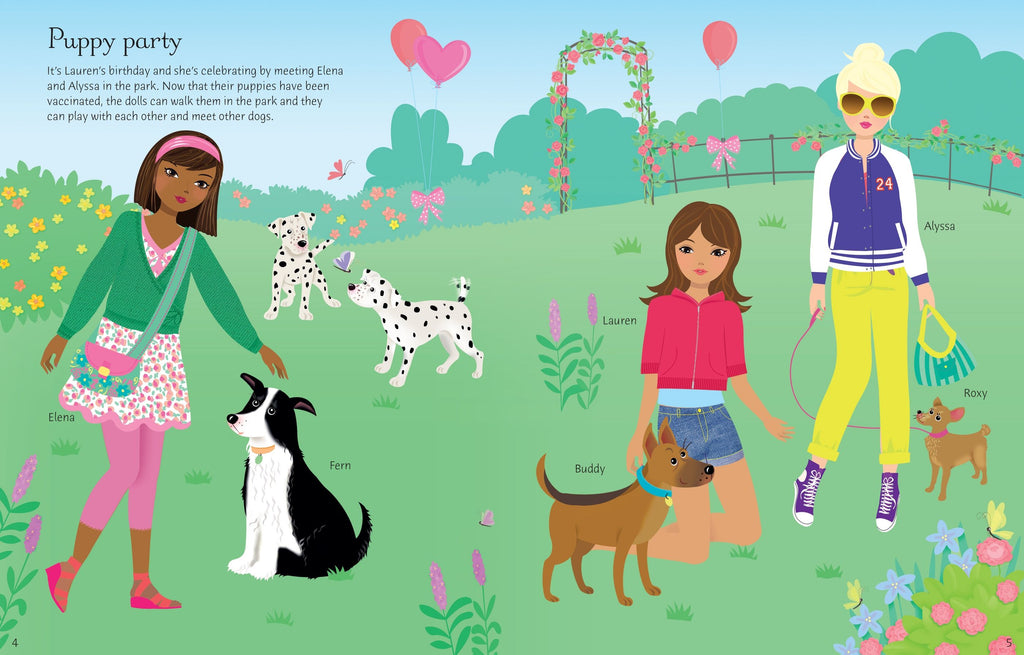 Usborne – Sticker Dolly Dressing Dogs and Puppies – Carte cu stickere pentru copii 5+ ani – carte pentru copii Usborne, detalii conținut cu abțibilduri