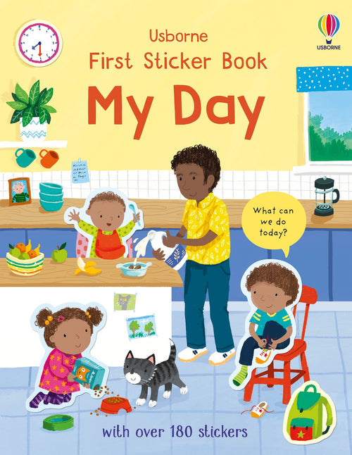 Coperta cărții „First Sticker Book My Day” – carte cu stickere Usborne pentru copii 3+ ani