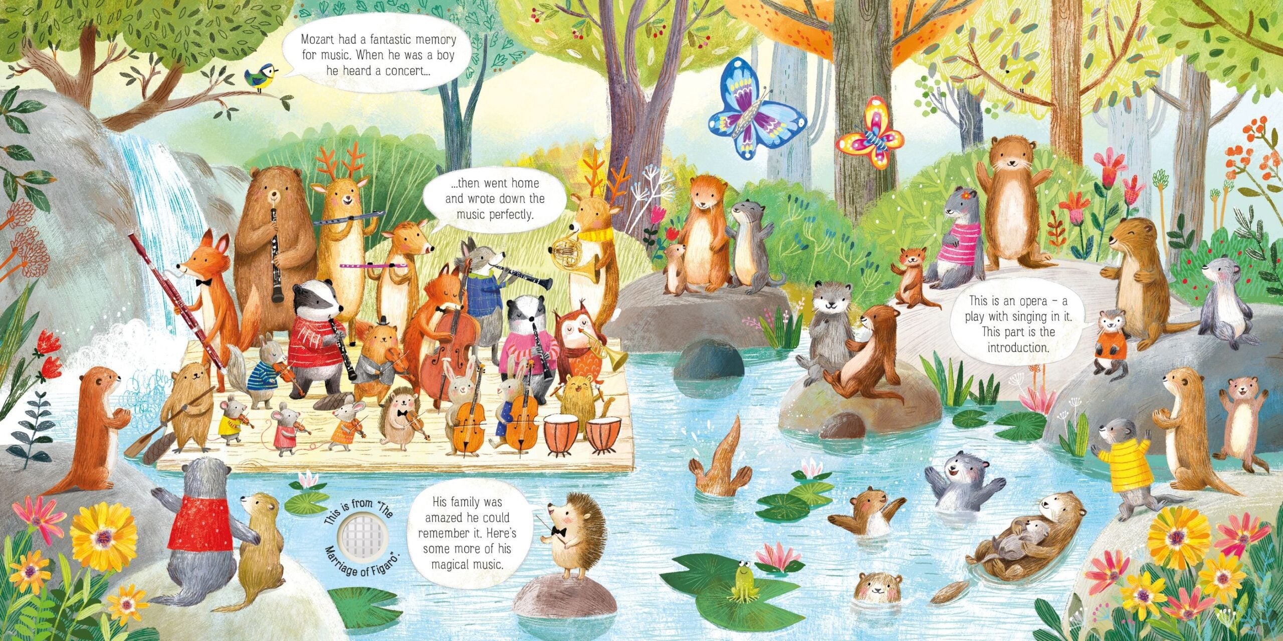 Usborne – The Animal Orchestra Plays Mozart – Carte cu sunete pentru copii 6+ luni – carte pentru copii Usborne, pagini interior ilustrate