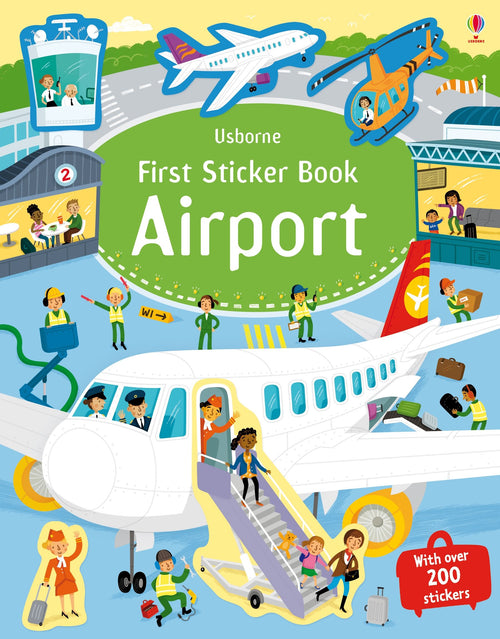 Coperta cărții „First Sticker Book Airport” – carte cu stickere Usborne pentru copii 3+ ani
