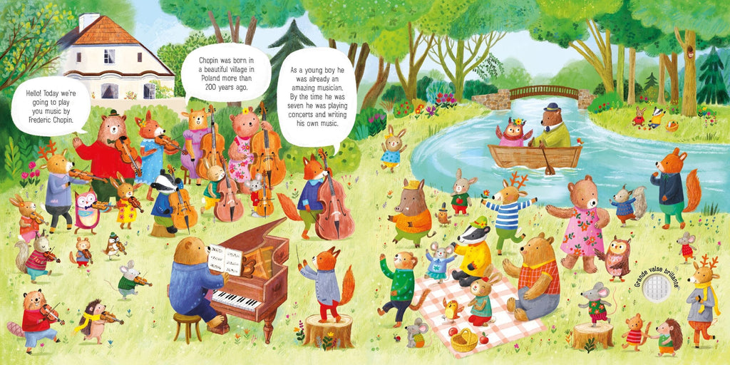 Usborne – The Animal Orchestra Plays Chopin – Carte pentru copii 12+ luni – carte pentru copii Usborne, pagini interior ilustrate