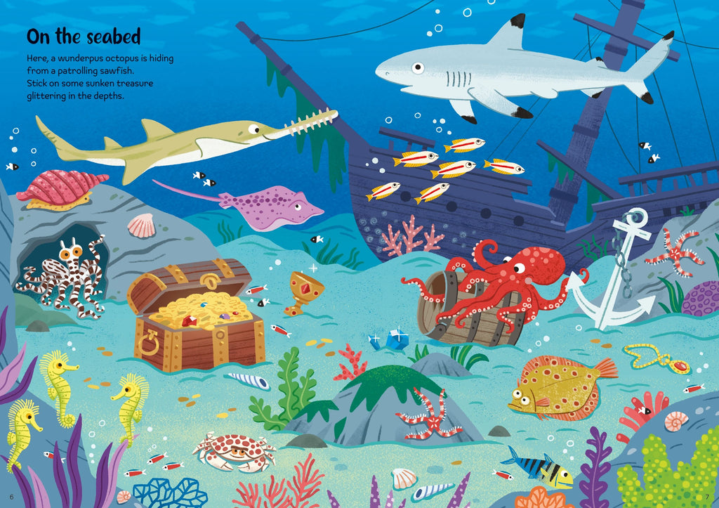 Usborne – Sparkly Sea Creatures Sticker Book – Carte cu stickere pentru copii 3+ ani – carte pentru copii Usborne, preview pagini