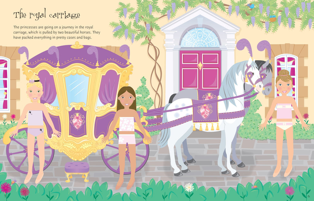 Usborne – Sticker Dolly Dressing Princesses – Carte cu stickere pentru copii 5+ ani – carte pentru copii Usborne, pagini interior ilustrate