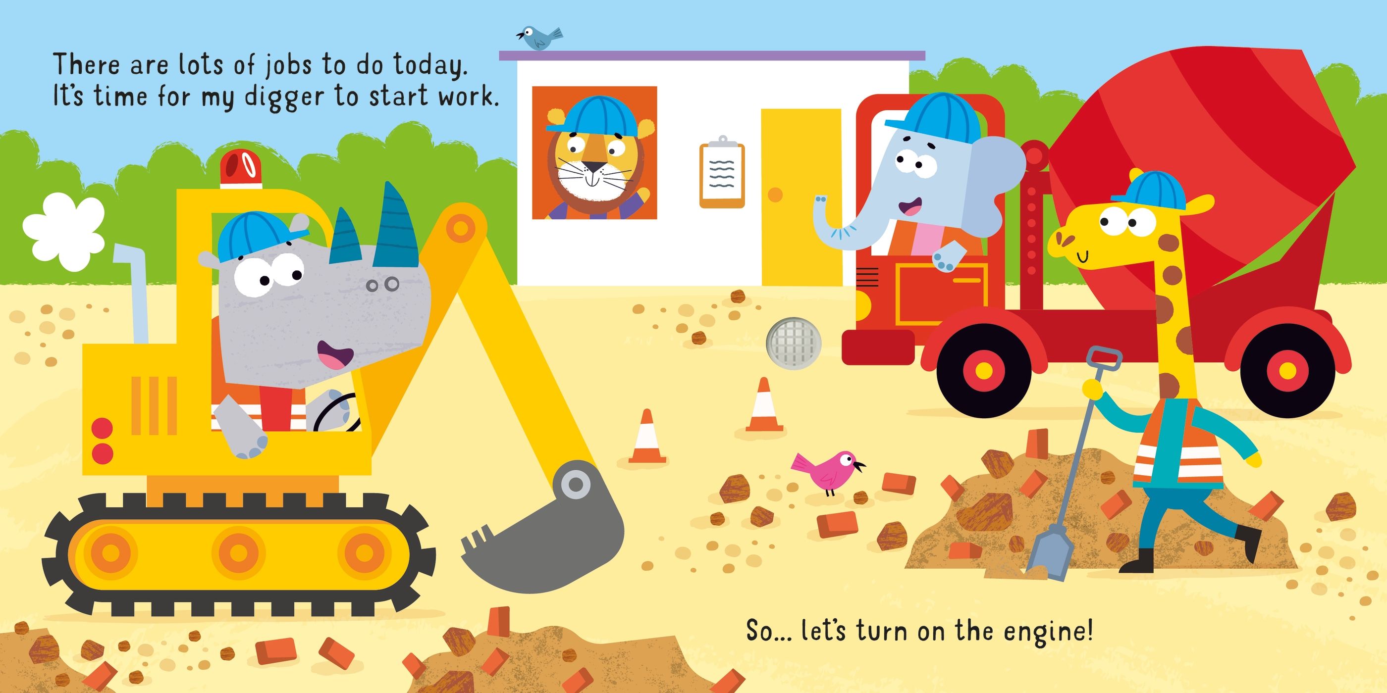 Usborne – Let's go on a Digger – Carte cu sunete pentru copii 12+ luni – carte pentru copii Usborne, pagini interior ilustrate