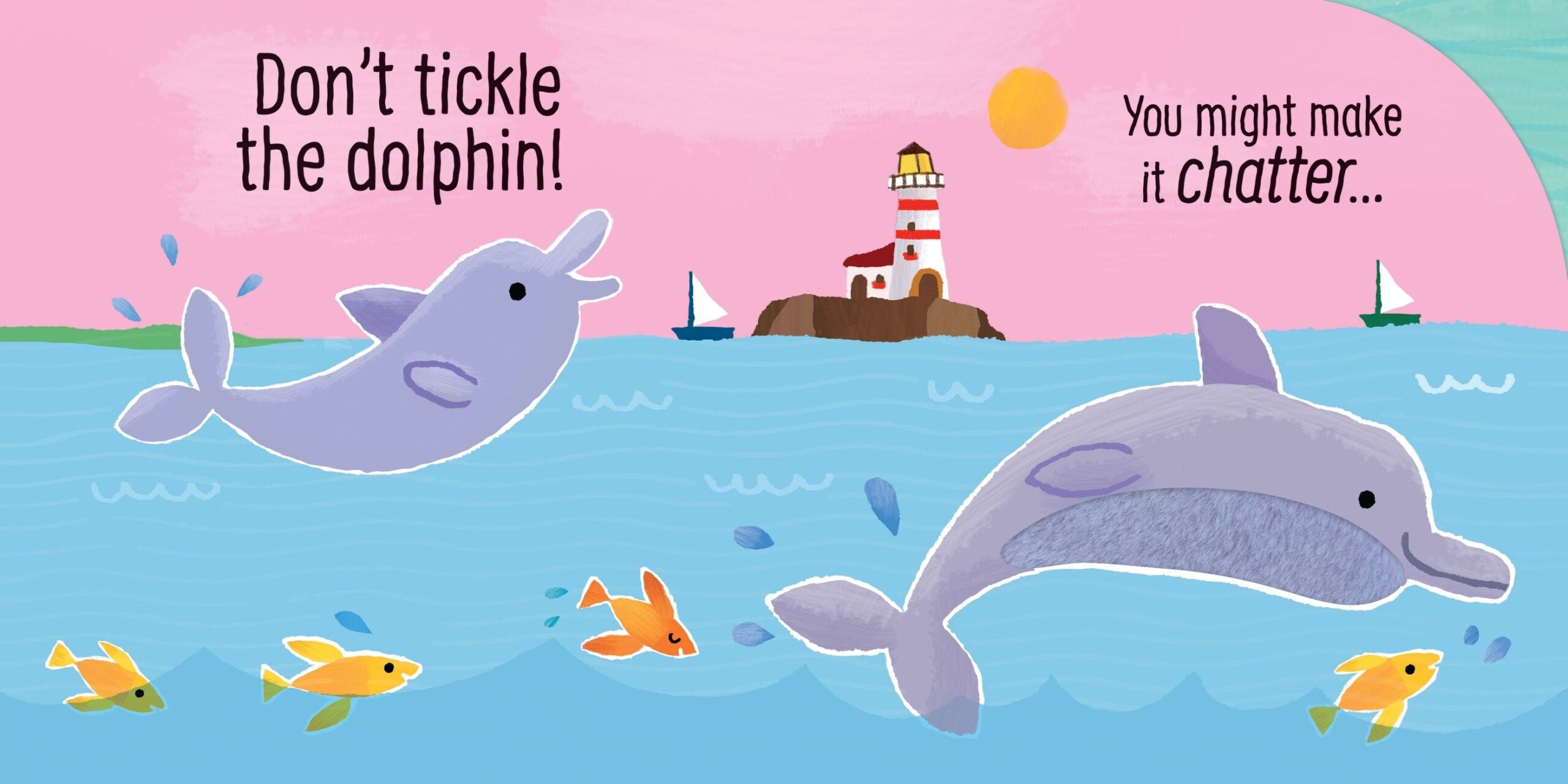Usborne – Don't Tickle the Dolphin! – Carte cu sunete pentru copii 6+ luni – carte pentru copii Usborne, pagini interior ilustrate